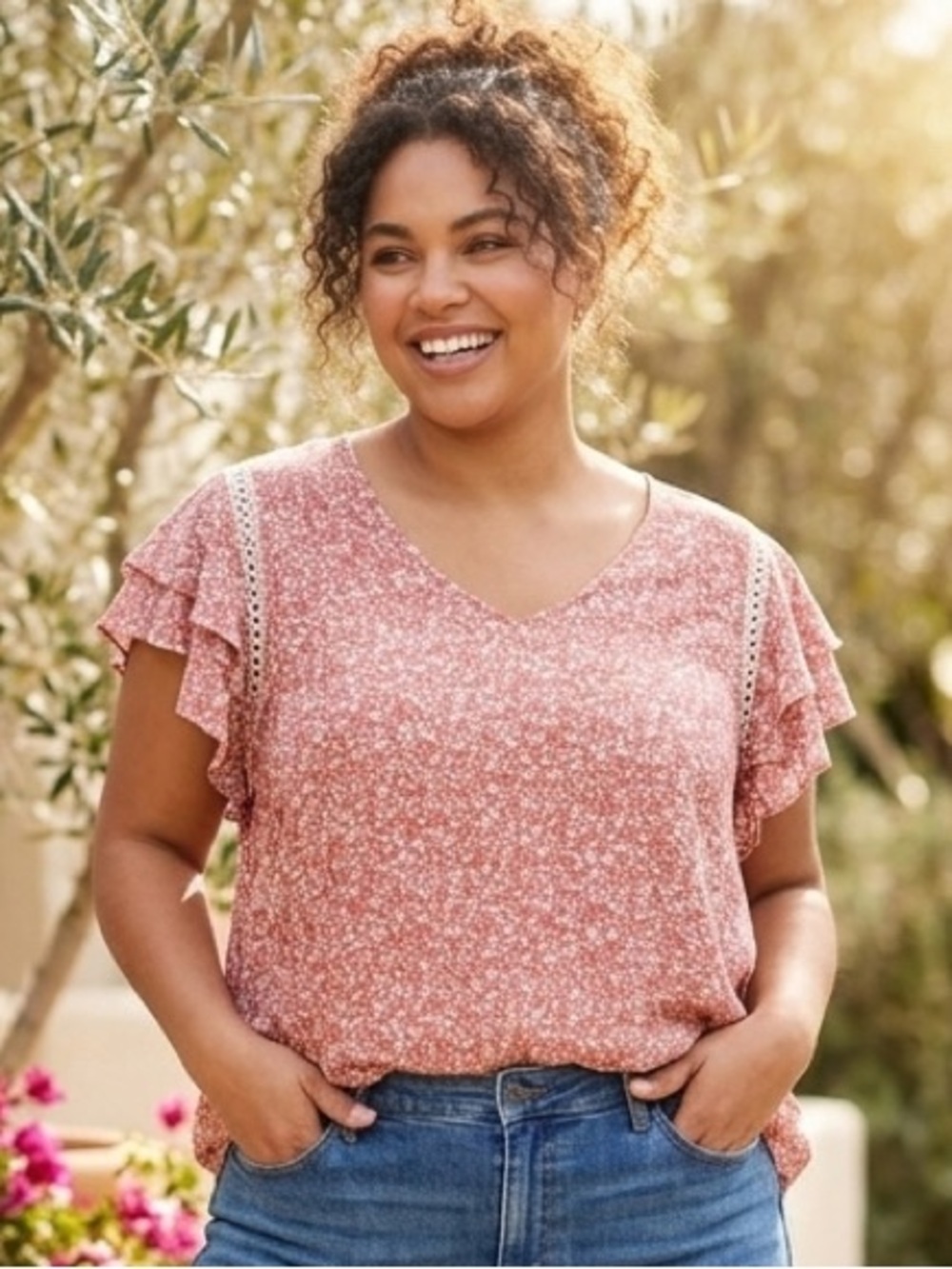 Boho Ditsy Floral Flutter Sleeve Blouse Terracotta Pink 2XL Cottagecore Plus
